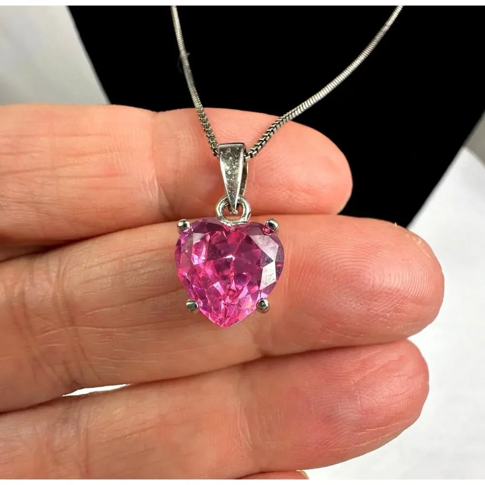 925 Italy Sterling Silver Pink Heart CZ Pendant Necklace Heart Cut Pink Stone